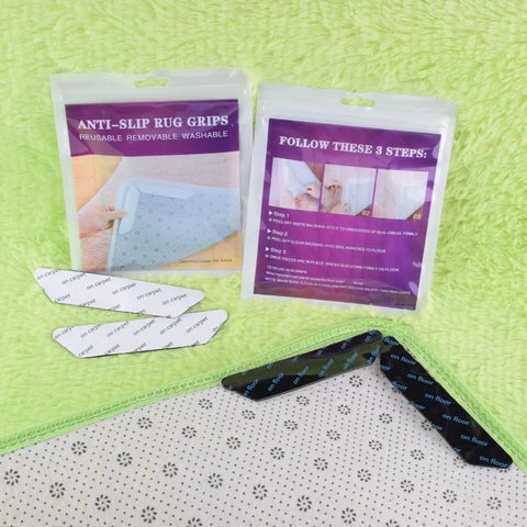 12 Piece Reusable No Slip Rug Grippers For Secure Rug And Mat Placement Washable Carpet Tape Keeps Rugs From Slipping On Hardwood Floors Tile And Laminate Black, packaging and usage examples on green background.