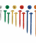 Two And A Half Inch Coarse Thread Pocket Hole Screws 500 Pack With Orange Color Coat And Square Drive For DIY Tough Joints In Softwood Woodworking Great For Cabinets And Furniture Projects variety of colored screws on display