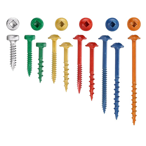 Color-coated assorted screws from Pocket Hole Screw Set For Softwoods Coarse Thread 350 Count With Color Coated Finish And Square Drive Pro Grade Easy Install Must Have For Strong Joints In Woodworking Projects A350CC, showing different screw lengths and square drive heads.