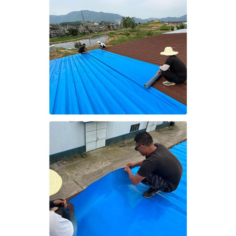 Workers applying Heavy Duty Waterproof Roofing Felt Tape Self Adhesive Asphalt Shingle Repair Roll on a roof for waterproofing.