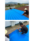 Two workers applying Premium Blue Aluminum Roof Repair Tape Self Adhesive Waterproof Asphalt Shingle Flashing Roll 3.3 In X 98.4 Ft.