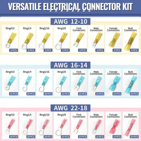 Marine Grade Heat Shrink Wire Connector Kit With Tinned Red Copper For Boat Wiring AWG 12-10, 16-14, 22-18 connectors displayed