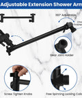 Rainfall Shower Head And Handheld Combo With 11 Inch Extension Arm In Matte Black, 8 Inch Square Rain Head With 9 Settings, Anti Leak Design, Height And Angle Adjustable, Includes Hose Diverter Bracket And Installation Guide, adjustable extension arm detail showing adjustable gear joint holder on marble background.