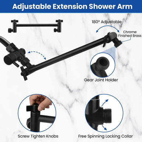 Rainfall Shower Head And Handheld Combo With 11 Inch Extension Arm In Matte Black, 8 Inch Square Rain Head With 9 Settings, Anti Leak Design, Height And Angle Adjustable, Includes Hose Diverter Bracket And Installation Guide, adjustable extension arm detail showing adjustable gear joint holder on marble background.