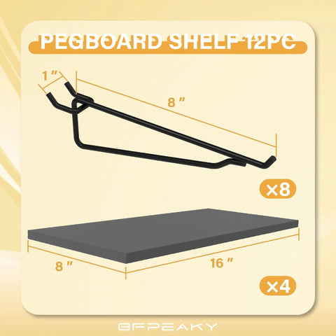 Heavy Duty Black Pegboard Shelf Holders For Thin Metal Walls Four Pack Storage Rack Eight By Sixteen Inch Display Hooks Tough As Nails Garage Organization System Is A Real Winner, showing dimensions.