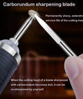Close-up of carborundum sharpening blade with text about extending cutting head life, related to Six Piece 3mm Shank Wood Carving Drill Bit Set.