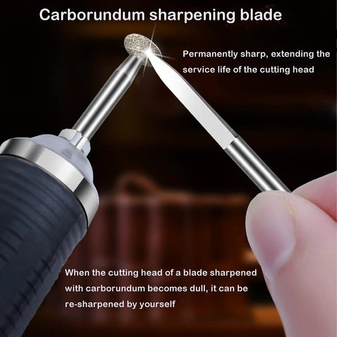 Close-up of carborundum sharpening blade with text about extending cutting head life, related to Six Piece 3mm Shank Wood Carving Drill Bit Set.