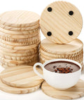 Front view: Set of 24 unfinished 4-inch round wooden coasters with black felt pads, natural wood finish