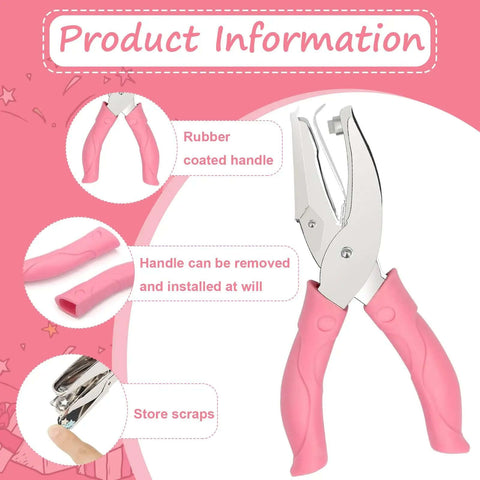 Dual Shape One Quarter Inch Star And Heart Hole Punch Handheld Paper Craft Puncher with pink soft grip handle, shown with features