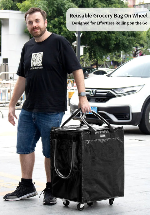 Person with Large Black Reusable Grocery Bag On Wheels Foldable Rolling Tote With Zipper Closure Carries Up To 76 Lbs on city street