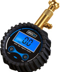 Digital Tire Pressure Gauge For Cars With 360 Degree Swivel Chuck Rugged Brass Body Wrapped In Protective Rubber Case Easy Valve Connection Accurate Readings Up To 200 PSI For Safe Tire Maintenance. Black digital gauge with brass chuck