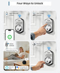 Stress Free Keyless Entry Wifi Keypad Deadbolt Smart Lock For Front Door With Remote App Control Alexa And Google Assistant Compatible Satin Nickel Finish with unlocking options shown.