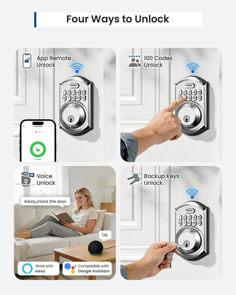 Stress Free Keyless Entry Wifi Keypad Deadbolt Smart Lock For Front Door With Remote App Control Alexa And Google Assistant Compatible Satin Nickel Finish with unlocking options shown.