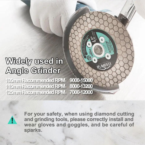 Diamond Blade for Angle Grinder 4.5 Inch 115mm Tile Cutting Disc shown with recommended RPMs and safety tips