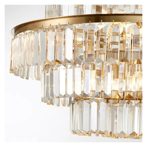 Close-up of Luxury Gold K9 Crystal Chandelier Modern LED Pendant Light showcasing crystal details and metal structure.