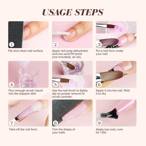 Beginner Friendly Acrylic Nail Starter Kit usage steps with clear pink nude powder and monomer liquid, showing application process.