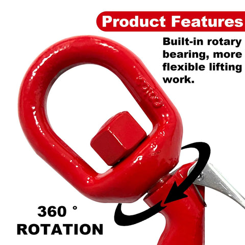 Close-up of 1 Ton Heavy Duty Swivel Hook With Safety Latch 360 Degree Rotating Crane Lifting Eye Hook, red, showing rotation feature.