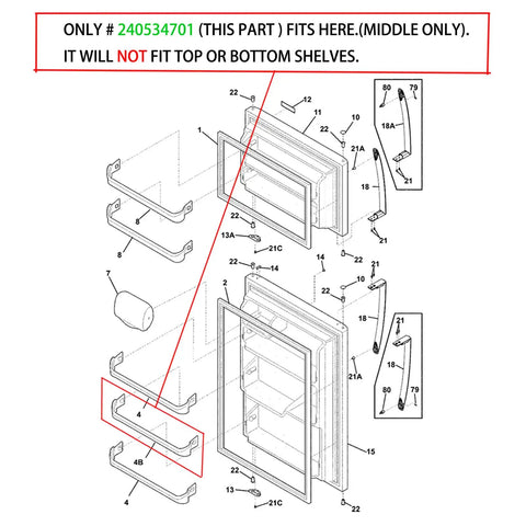 Technical diagram showing Door Bar Rack Replacement For Frigidaire And Kenmore Refrigerators, part 240534701 placement.