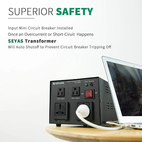 1000W Auto Voltage Converter Transformer 110-120V To 220-240V With Soft Start, 4 outlets shown with laptop connection