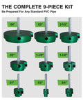 Pro Grade Heavy Duty PVC Pipe Reamer Kit for DIYers and Pros, complete 9-size range, aluminum with carbide inserts, Schedule 40.
