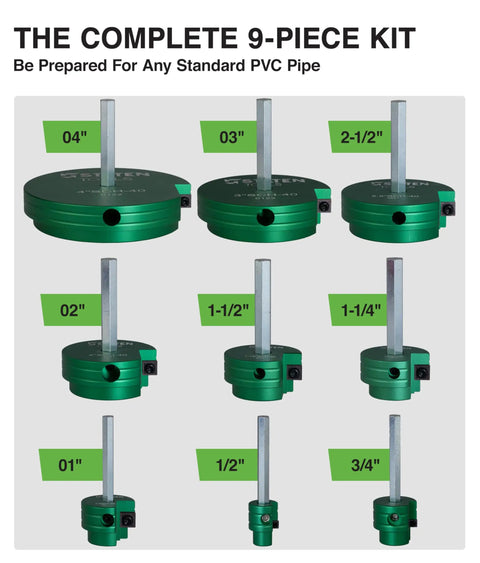 Pro Grade Heavy Duty PVC Pipe Reamer Kit for DIYers and Pros, complete 9-size range, aluminum with carbide inserts, Schedule 40.