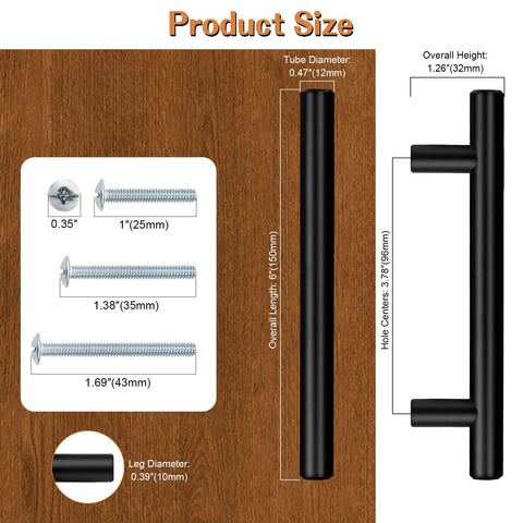 Product size chart for 5 Pack 3-3/4 Inch Hole Centers Solid Stainless Steel Round T Bar Cabinet Pulls Black, includes screws dimensions