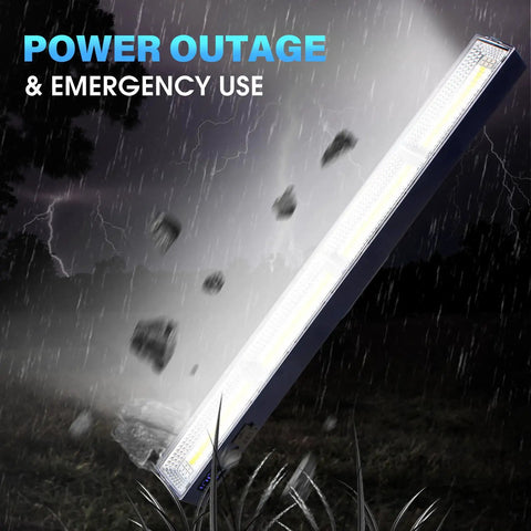 Kickin Bright Magnetic LED Work Light, 15.75 Inch, 8000 Lumens in use during power outage, highlighting its brightness in stormy weather