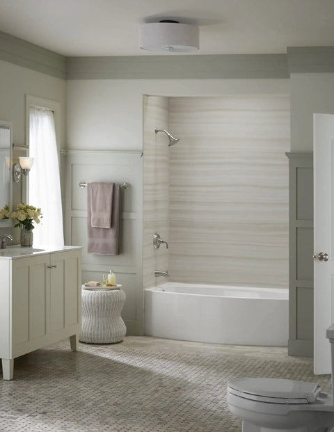 Bathroom featuring Forte Sculpted Rite-Temp Bath And Shower Valve Trim With Slip-Fit Spout And 2.5 GPM Showerhead in polished chrome.