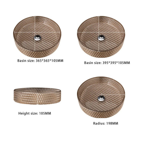USZWBY Bathroom Vessel Sink, Tempered Glass Vessel Sink with 365mm and 395mm basin sizes displayed from different angles.