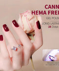 Hand holding rose wearing Six Colors 9 Ml Hema Free Deep Cherry Red Burgundy Gel Nail Polish Set with Blood Wine Red hues