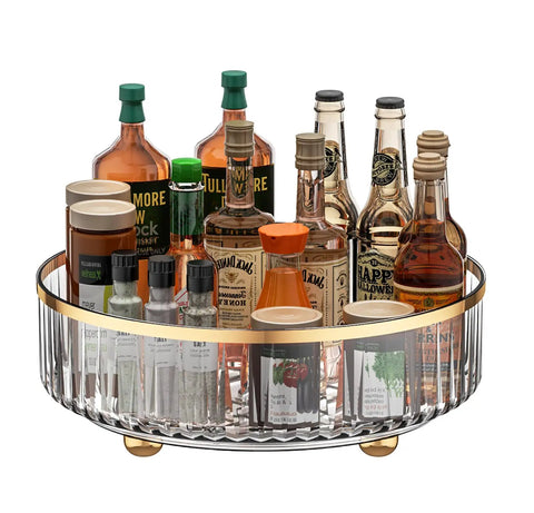 Clear Lazy Susan Turntable Organizer For Kitchen And Pantry, 11 inch rotating storage rack holding assorted bottles and jars