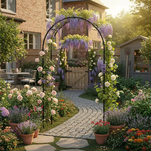 Heavy Duty Galvanized Steel Garden Arch Arbor 7.6 Ft Tall 4.6 Ft Wide Dope Rust Resistant Trellis With Roses In Garden Path