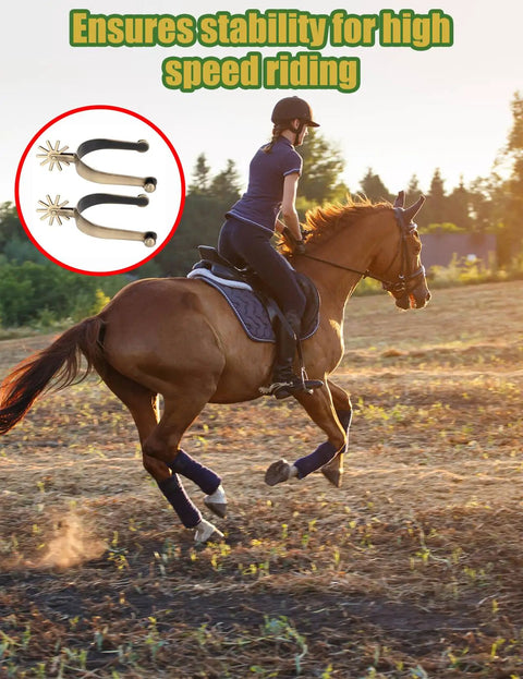 Old School Western Cowboy Spurs For Men With Rotating Rowels In Antique Gold Zinc Alloy on rider training in field