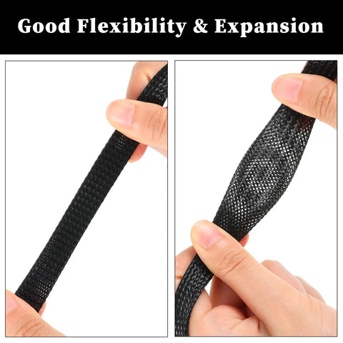 Hands stretching black braided sleeve from 96ft Braided Cable Sleeve Kit With 6 Expandable Sleeves And 127 Heat Shrink Tubes