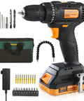 Your Go To Cordless Brushless Drill Kit 20V With 2Ah Battery And Charger, Three Eighths Inch Keyless Chuck, Bits Set, Tool Bag