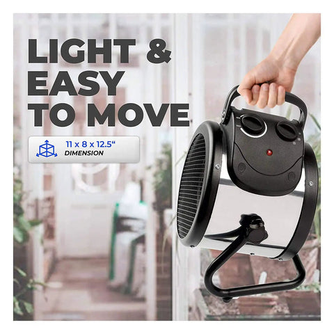 Person holding Palma Electric Greenhouse Heater And Fan With Digital Thermostat, Dual 750W And 1500W Elements, stainless steel.