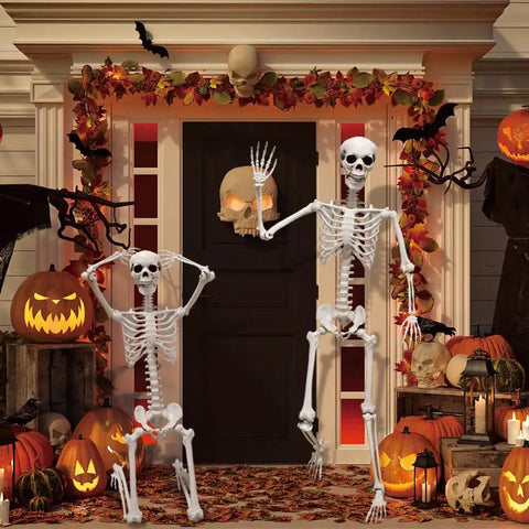 5.9-Foot Life-Size Poseable Skeleton For Halloween Decor in festive doorway with pumpkins and bats