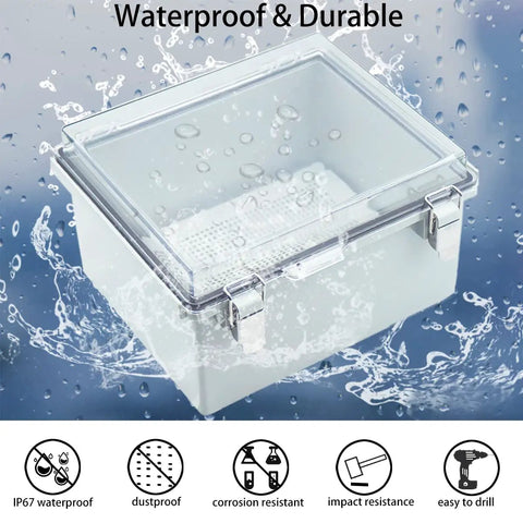 Rugged IP67 Waterproof ABS Junction Box With Hinged Clear Cover And Stainless Steel Latch, Includes 2 PG13.5 Cable Glands, Mounting Plate And Wall Bracket, Weatherproof Electrical Enclosure For Indoor Outdoor Use, clear lid
