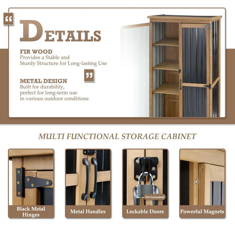 Weatherproof Outdoor Storage Cabinet With Adjustable Shelves, Tall Vertical Shed For Patio And Backyard Tools, No Fuss Assembly features details like black hinges, metal handles, and lockable doors.
