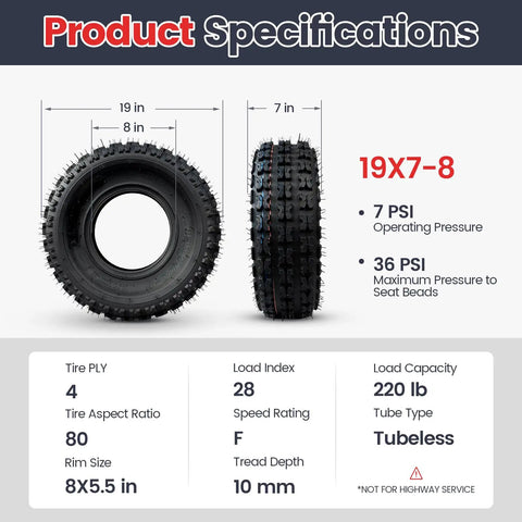 All Terrain 19x7-8 ATV Tires Set for Quad UTV Go Kart Off Road Tubeless 4 Ply 2 Pack, tire specifications