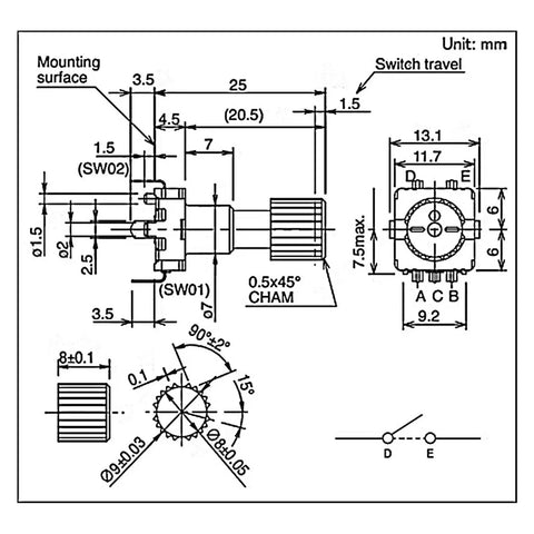 Technical diagram of Two Pack Navigation Knob Rotary Encoder With 15 Pulse Switch EC11G1574402 For Toyota Highlander And BYD