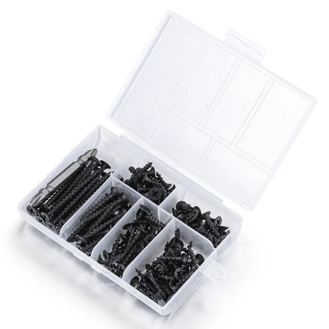 Black Drywall Screws Kit Size 6 With Phillips Head Coarse Thread Fasteners in plastic storage box, assorted lengths