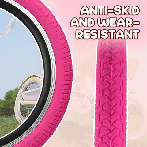 Close-up of 20 Inch Bike Tire Set 2 Pack 2.125 Inch Wide Folding Bead Replacement Tires, magenta tread, and 'Anti-Skid' text.