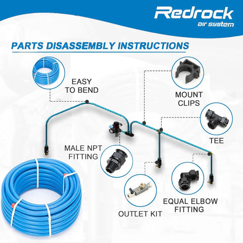 Diagram of Rapid Air System Three Quarter Inch By 100 Ft Piping Kit With Outlet Blocks And Equal Elbows For Your Garage Shop Air Line Rated To 200 PSI ASTM F1282 Blue Pro showing components and assembly.