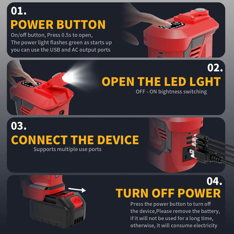 Hit The Road With Heavy Duty Juice From This 300W Portable Power Inverter For Makita 20V And 18V Batteries Converting DC To AC 110V For Camping featuring LED light usage guide.