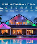 House exterior with colorful lighting using Individually Addressable WS2812B RGB LED Strip Dope Color Chasing Effects 16.4 Ft 60 LEDs Per Meter 300 Pixels DC5V 5050SMD With Flexible Alloy Wire 3M Tape IP30 No Adapter Or Controller