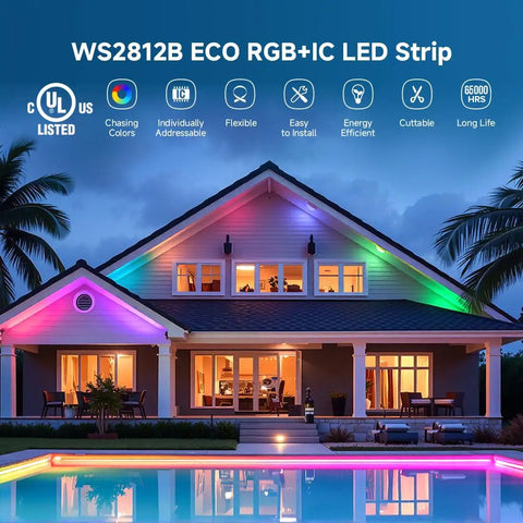 House exterior with colorful lighting using Individually Addressable WS2812B RGB LED Strip Dope Color Chasing Effects 16.4 Ft 60 LEDs Per Meter 300 Pixels DC5V 5050SMD With Flexible Alloy Wire 3M Tape IP30 No Adapter Or Controller