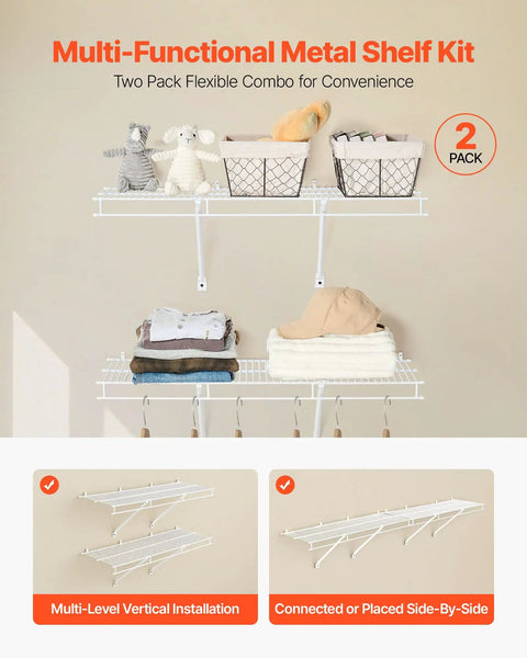 Heavy Duty Carbon Steel Wall Mounted Wire Shelf Kit Set Of 2 Built Tough Floating Rack with plush toys and storage bins.