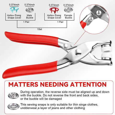 All In One Sewing Kit With 100 Piece Metal Button And Snap Set Press Tool Pliers Colorful Five Claw Buckle Installation Plier Tool Set For DIY Crafts And Sewing Fabric Clothes showing red-handled pliers with snap buttons