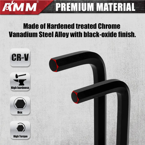 Close-up of 31-Piece Hex Key Wrench Set in Chrome Vanadium Steel with black-oxide finish.